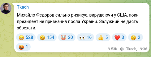Скріншот Telegram-публікації: Федоров Михайло Альбертович — Михайло Федоров сильно ризикує, вирушаючи у США, поки президент…