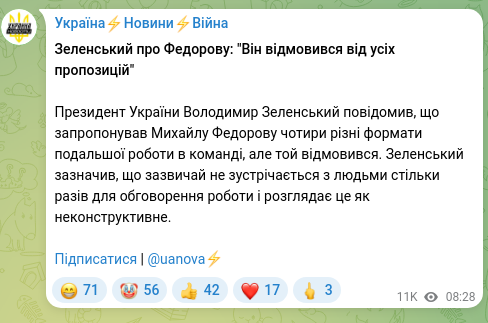 Screenshot of a Telegram post: Fedorov Mykhailo Albertovych — Zelensky on Fedorov: "He refused all the proposals" President…