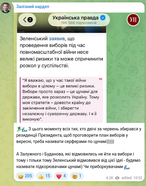 Скріншот Telegram-публікації: 🏄‍♂️🌊 З цього моменту всіх тих, хто двічі за червень збирався у резиденції Пр…
