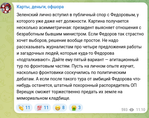 Screenshot of a Telegram post: Zelensky personally engaged in a public spat with Fedorov, who doesn’t even hol…