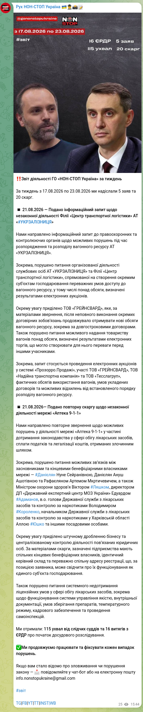 Скріншот Telegram-публікації: Ляшко Віктор Кирилович — ‼️Звіт діяльності ГО «НОН-СТОП Україна» за тиждень За тиждень з 17.08…