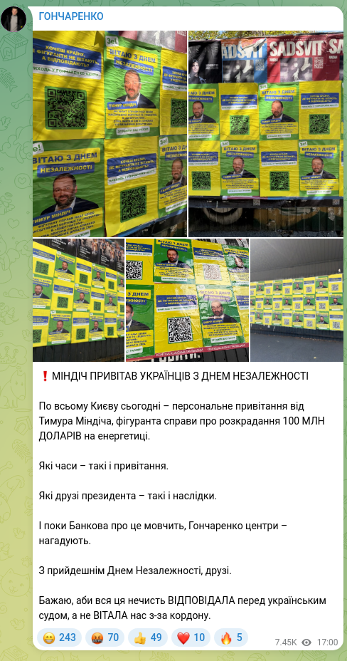 Screenshot of a Telegram post: Mindich Timur Mykhailovych — ❗️MINDICH CONGRATULATED UKRAINIANS ON INDEPENDENCE DAY Througho…