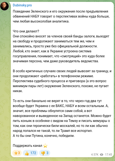 Скріншот Telegram-публікації: Поведение Зеленского и его окружения после предъявления обвинений НАБУ говорит…