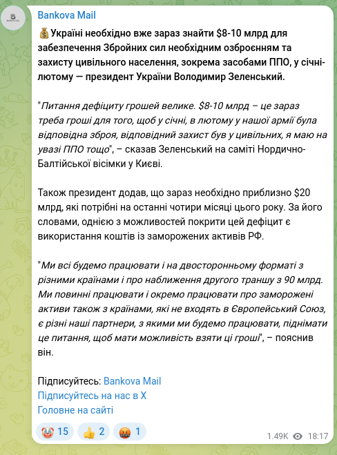 Скріншот Telegram-публікації: Зеленський Володимир Олександрович — 💰Україні необхідно вже зараз знайти $8-10 млрд для забез…