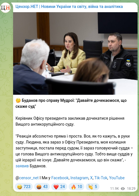 Скріншот Telegram-публікації: 🤔 Буданов про справу Мудрої: "Давайте дочекаємося, що скаже суд" Керівник Офіс…