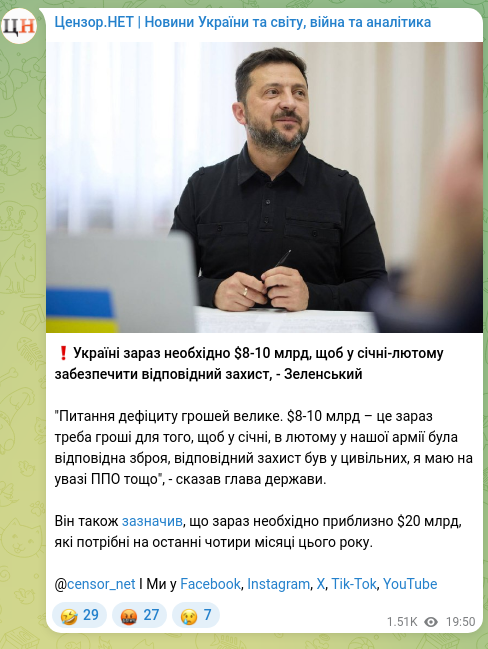 Скріншот Telegram-публікації: ❗️Україні зараз необхідно $8-10 млрд, щоб у січні-лютому забезпечити відповідн…