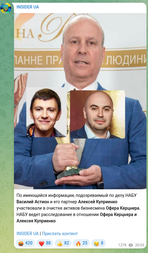 Скріншот Telegram-публікації: Керцнер Офер — По имеющейся информации, подозреваемый по делу НАБУ Василий Астион и его партне…