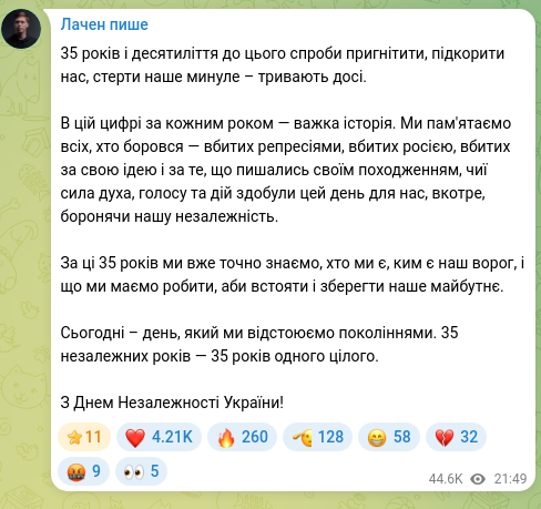 Screenshot of a Telegram post: 35 years and the decades before that, attempts to suppress us, subjugate us, er…