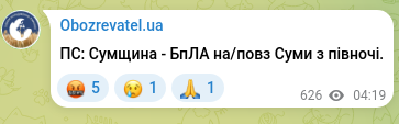 Скріншот Telegram-публікації: ПС: Сумщина - БпЛА на/повз Суми з півночі.