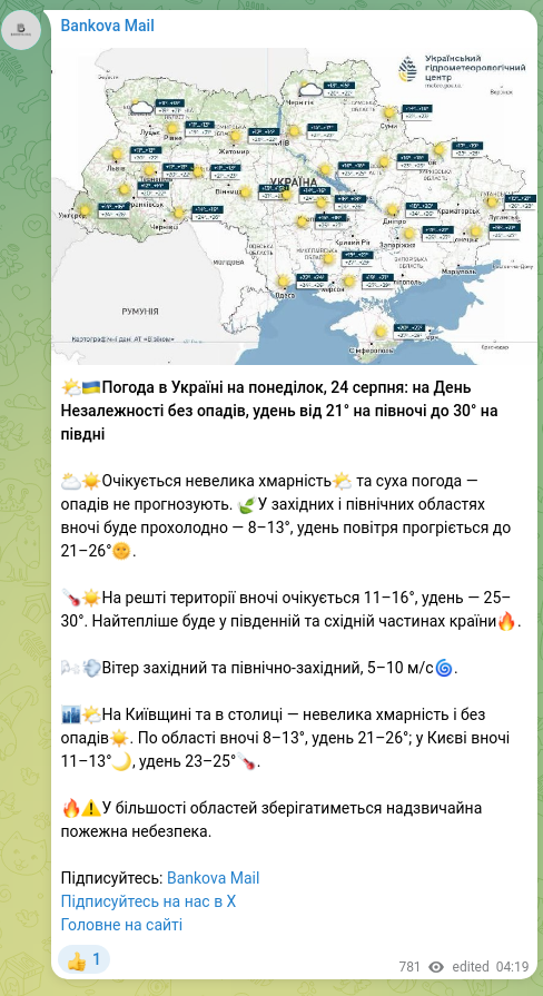 Скріншот Telegram-публікації: 🌤🇺🇦Погода в Україні на понеділок, 24 серпня: на День Незалежності без опадів, у…