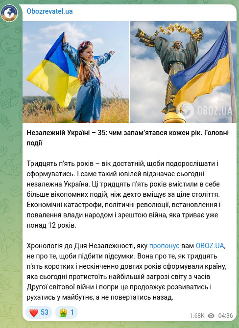 Screenshot of a Telegram post: To independent Ukraine – 35: what each year was remembered for. Major events Th…