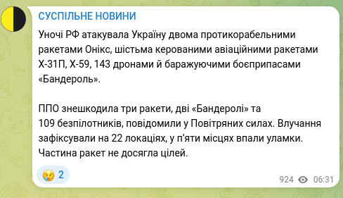 Скріншот Telegram-публікації: Уночі РФ атакувала Україну двома протикорабельними ракетами Онікс, шістьма керо…