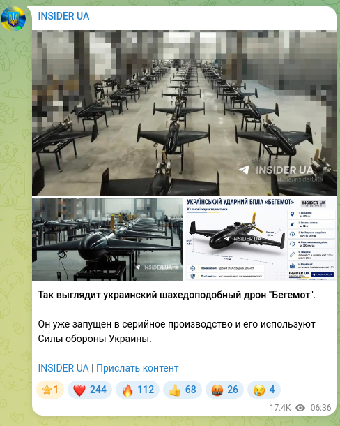 Скріншот Telegram-публікації: Так выглядит украинский шахедоподобный дрон "Бегемот". Он уже запущен в серийно…