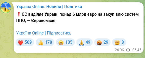 Скріншот Telegram-публікації: ❗️ЄС виділяє Україні понад 6 млрд євро на закупівлю систем ППО, — Єврокомісія…