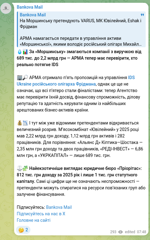 Скріншот Telegram-публікації: 💧📊 За «Моршинську» змагаються компанії з виручкою від 689 тис. до 2,2 млрд гр…