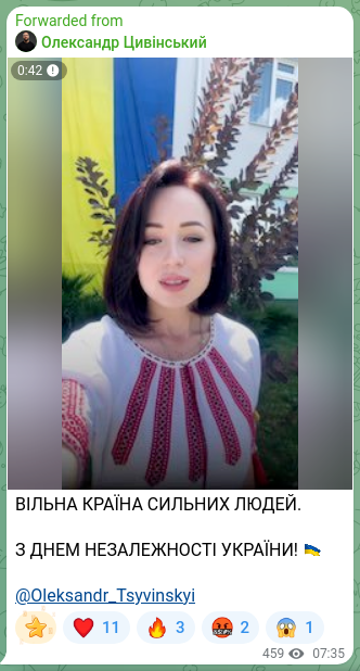 Скріншот Telegram-публікації: ВІЛЬНА КРАЇНА СИЛЬНИХ ЛЮДЕЙ. З ДНЕМ НЕЗАЛЕЖНОСТІ УКРАЇНИ! 🇺🇦 @Oleksandr_Tsyvins…