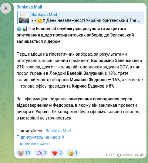 Скріншот Telegram-публікації: Зеленський Володимир Олександрович — 🗳️📊The Economist опублікував результати закритого опитув…
