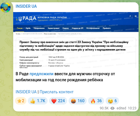 Скріншот Telegram-публікації: В Раде предложили ввести для мужчин отсрочку от мобилизации на год после рожден…