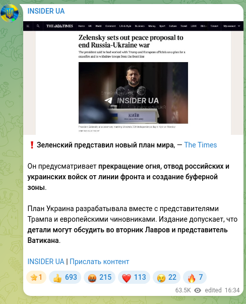 Screenshot of a Telegram post: ❗️Zelensky presented a new peace plan, — The Times It envisages a ceasefire, t…