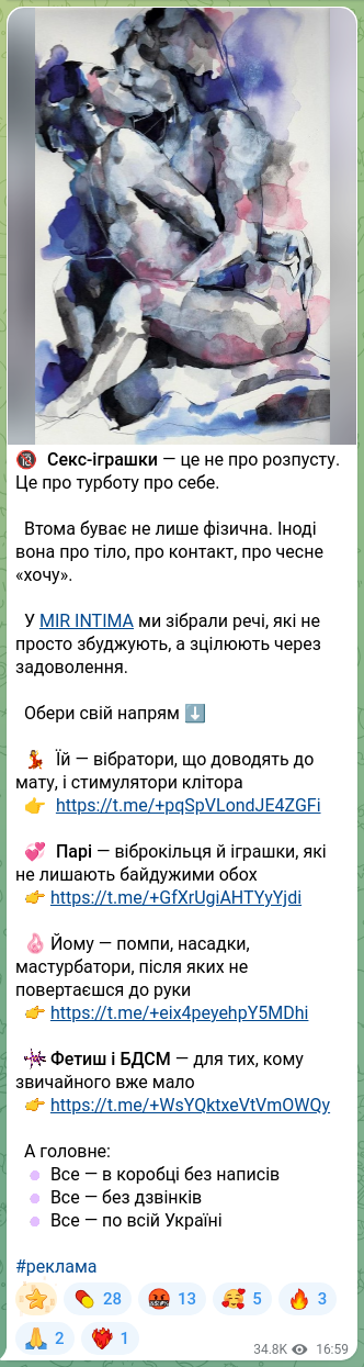 Screenshot of a Telegram post: 🔞 Sex toys are not about debauchery. They are about caring for yourself. Fatig…