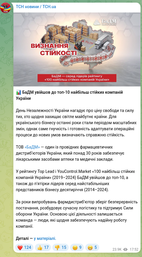 Скріншот Telegram-публікації: 📊 БаДМ увійшов до топ-10 найбільш стійких компаній України День Незалежності У…