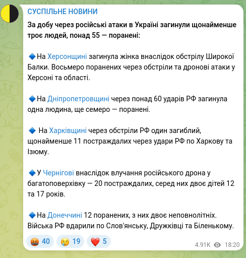 Скріншот Telegram-публікації: За добу через російські атаки в Україні загинули щонайменше троє людей, понад 5…