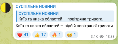 Скріншот Telegram-публікації: Київ та низка областей — відбій повітряної тривоги.