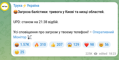 Скріншот Telegram-публікації: 🤬Загроза балістики: тривога у Києві та низці областей. UPD: станом на 21:38 ві…