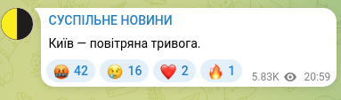 Screenshot of a Telegram post: Kyiv — air raid alert.