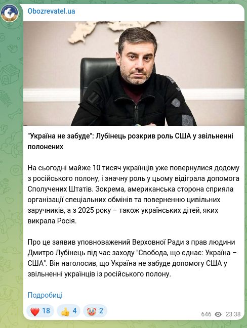 Screenshot of a Telegram post: Lubinets Dmytro Valeriyovych — "Ukraine will not forget": Lubinets revealed the role of the U…