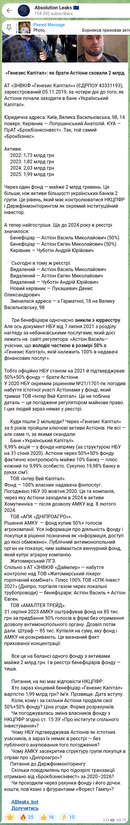 Screenshot of a Telegram post: Astion Vasyl Mykolayovych — 🔒🧡🧡🧡🧡🧡🧡 «Генезис Капітал»: як брати Астіони сховали 2 млрд…