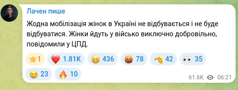Скріншот Telegram-публікації: Жодна мобілізація жінок в Україні не відбувається і не буде відбуватися. Жінки…