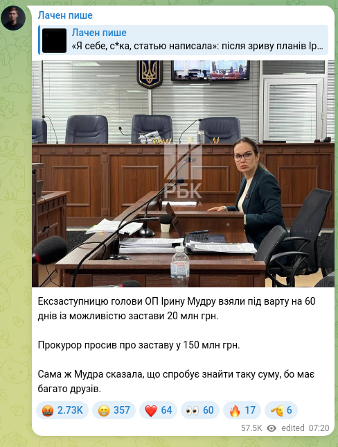 Screenshot of a Telegram post: Mudra Iryna Romanivna — Former Deputy Head of the Office of the President Iryna Mudra was pla…