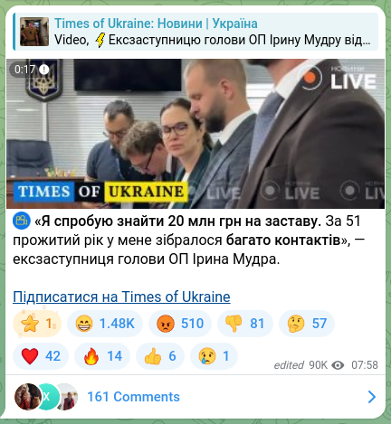 Скріншот Telegram-публікації: Мудра Ірина Романівна — ⚡ «Я спробую знайти 20 млн грн на заставу. За 51 прожитий рік у мене…