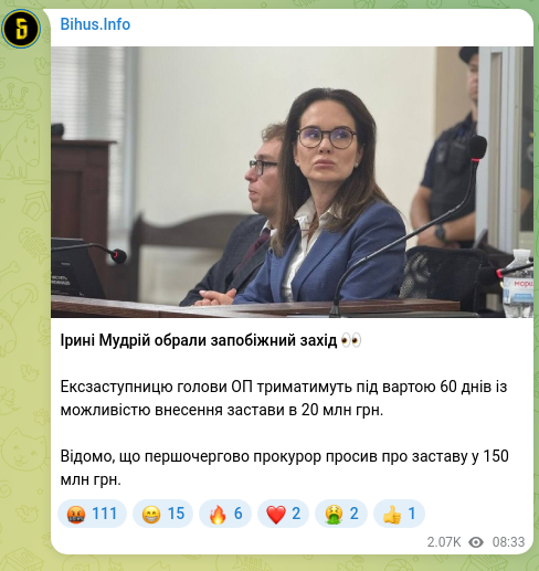 Скріншот Telegram-публікації: Ірині Мудрій обрали запобіжний захід 👀 Ексзаступницю голови ОП триматимуть під…