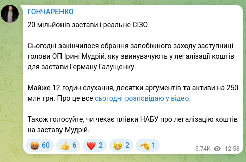 Screenshot of a Telegram post: Galushchenko Herman Valeriyovych — 20 million bail and actual pretrial detention Today the pr…