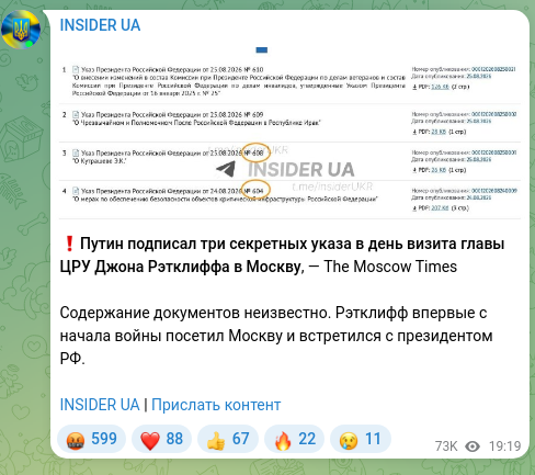 Screenshot of a Telegram post: ❗️Putin signed three secret decrees on the day of CIA Director John Ratcliffe’…