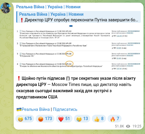 Скріншот Telegram-публікації: ❗️Щойно путін підписав (!) три секретних укази після візиту директора ЦРУ — Mo…