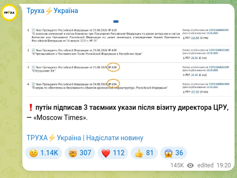 Screenshot of a Telegram post: ❗️Putin signed 3 secret decrees after the CIA director's visit, — “Moscow Time…