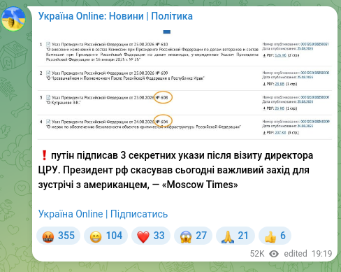 Screenshot of a Telegram post: ❗️Putin signed 3 secret decrees after the CIA director's visit. The president…