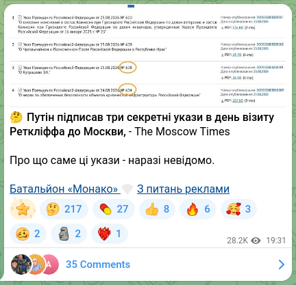 Screenshot of a Telegram post: 🤔Putin signed three secret decrees on the day of Ratcliffe’s visit to Moscow,…