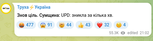 Screenshot of a Telegram post: Target again. Sumy region: UPD: disappeared within a few minutes.