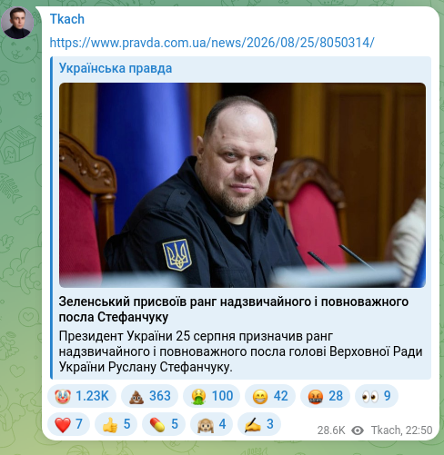 Скріншот Telegram-публікації: https://www.pravda.com.ua/news/2026/08/25/8050314/
