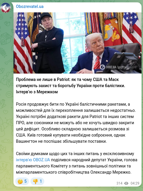 Screenshot of a Telegram post: Merezhko Oleksandr Oleksandrovych — The problem is not only Patriot: how and why the US and M…