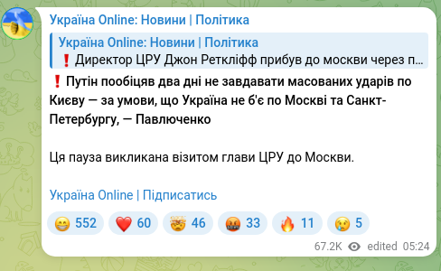 Screenshot of a Telegram post: ❗️Putin promised not to carry out massive strikes on Kyiv for two days — on th…