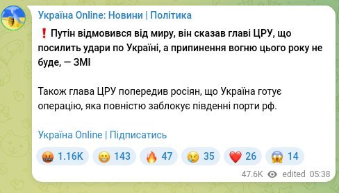 Screenshot of a Telegram post: ❗️Putin refused peace; he told the CIA director that he will intensify strikes…
