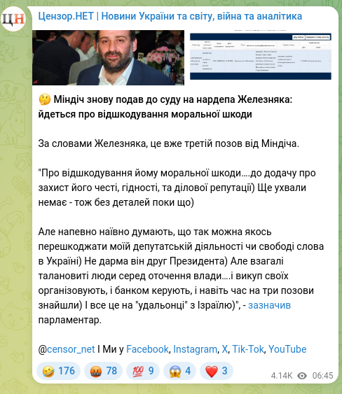 Screenshot of a Telegram post: 🤔 Mindich has again filed a lawsuit against MP Zheleznyak: it concerns compens…