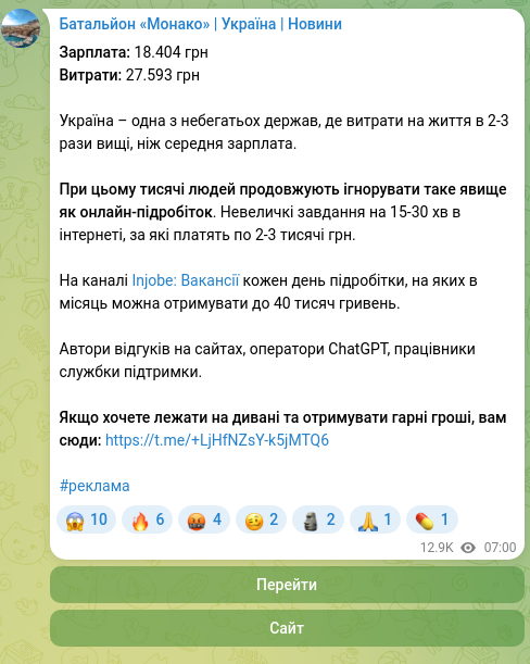 Скріншот Telegram-публікації: Зарплата: 18.404 грн Витрати: 27.593 грн Україна – одна з небегатьох держав, де…