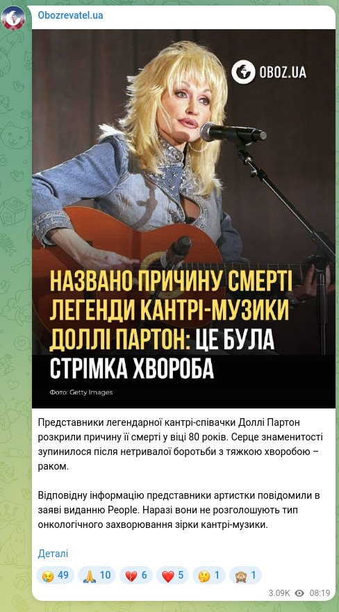 Скріншот Telegram-публікації: Представники легендарної кантрі-співачки Доллі Партон розкрили причину її смерт…