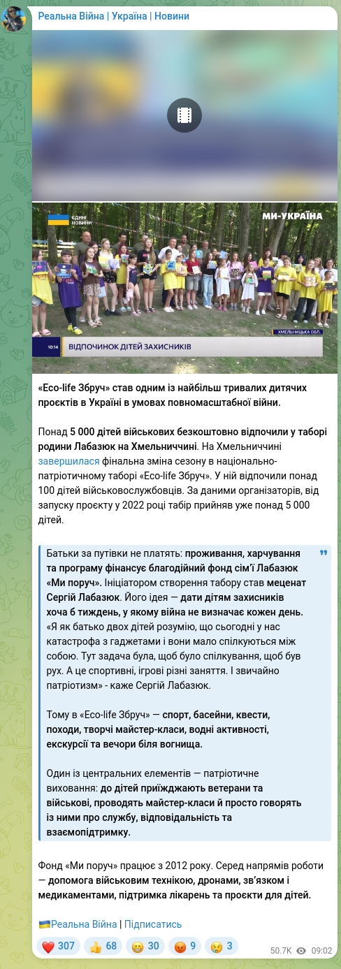 Screenshot of a Telegram post: Labaziuk Serhii Petrovych — "Eco-life Zbruch" became one of the longest-running children's pr…